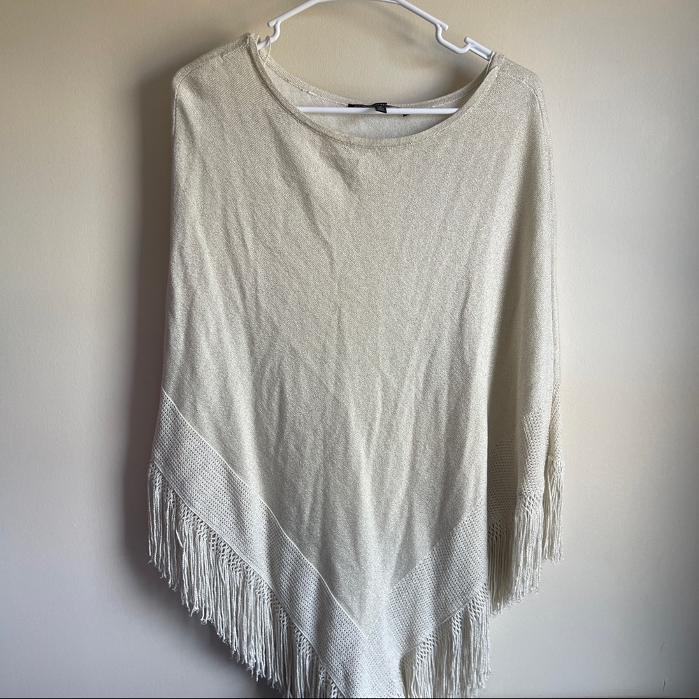 White House Black Market Gold Metallic fringe Poncho